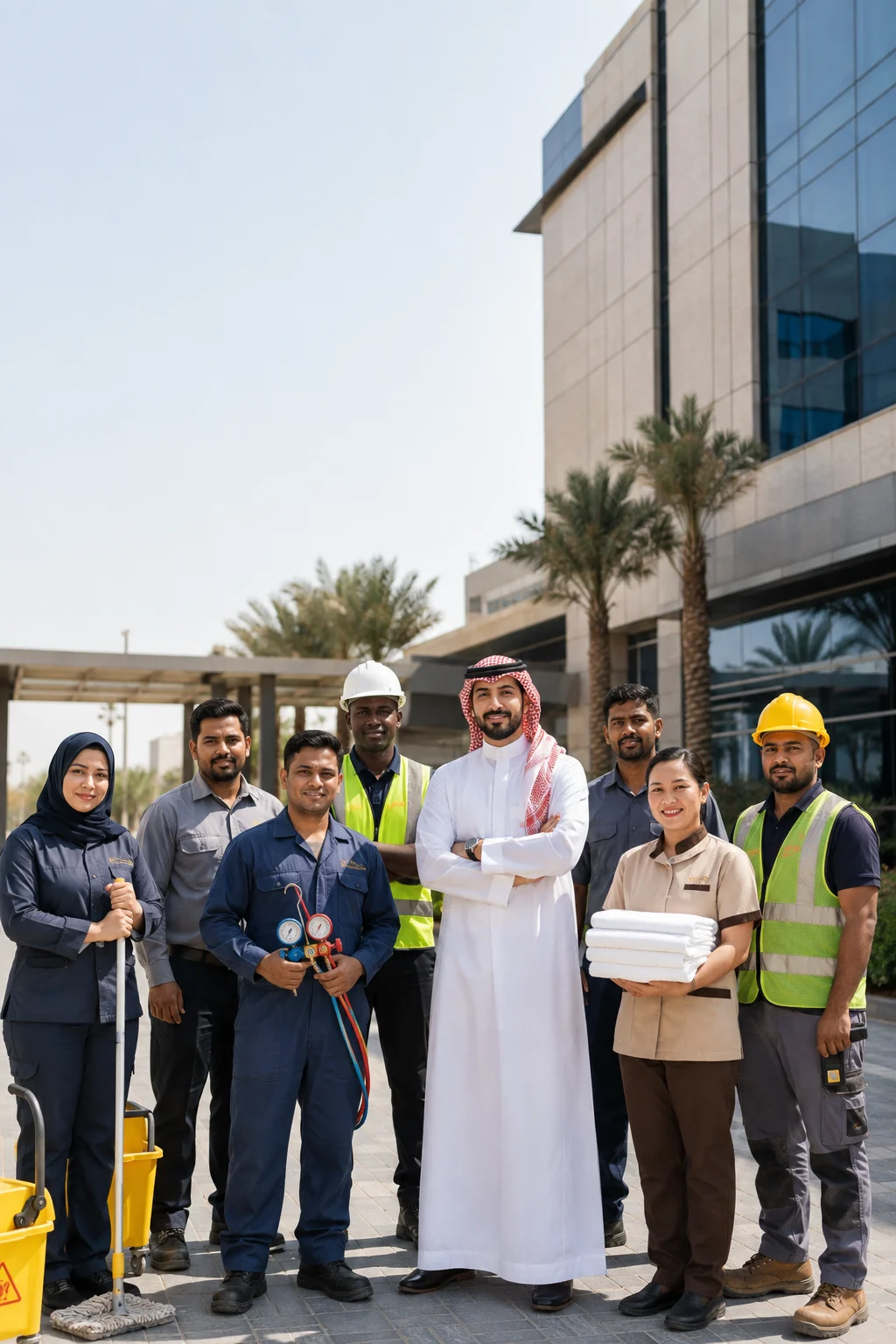 Facility management technician on site conducting high-rise building inspections in Saudi Arabia